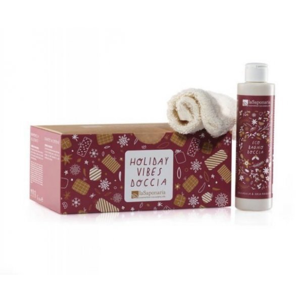 laSaponaria Dárkový kosmetický balíček Holiday Vibes - do sprchy - sprchový gel a exfoliační rukavice laSaponaria